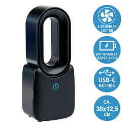 Tischventilator ohne Rotor  mit Akku USB-C - Schwarz