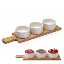 Servierset mit Holztablett & 3 Keramikschalen