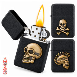3er Set Benzinfeuerzeuge " Skull " Schwarz Champ