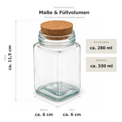 6er-Set eckige Vorratsgläser mit Korkdeckel - ca. 280ml
