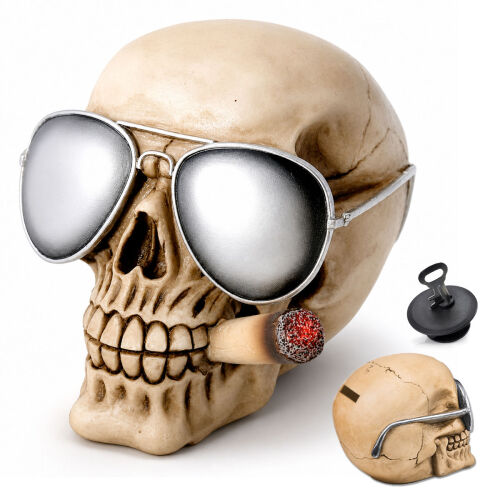 Totenkopf Spardose mit Sonnenbrille & Joint Polyresin 13cm