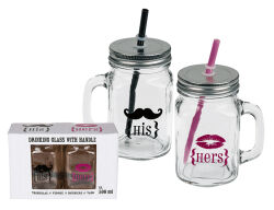 B-WARE: Trinkglas 2er Set mit Henkel & Trinkhalm His...
