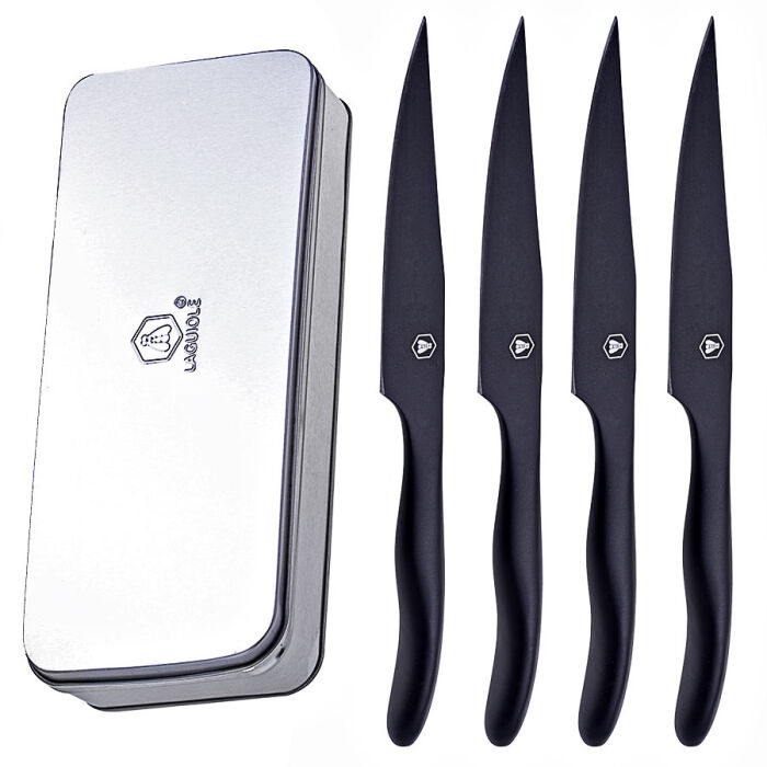 MIYABI Steakmesser-Set, 4-teilig – Japanische Messer Aus VG10 Stahl, 65-lagiges Damastmuster, Schwarzer Micarta-Griff