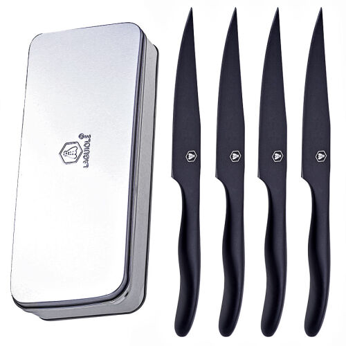 Laguiole 4er Steak-Messer Set BLACK in Metall-Box