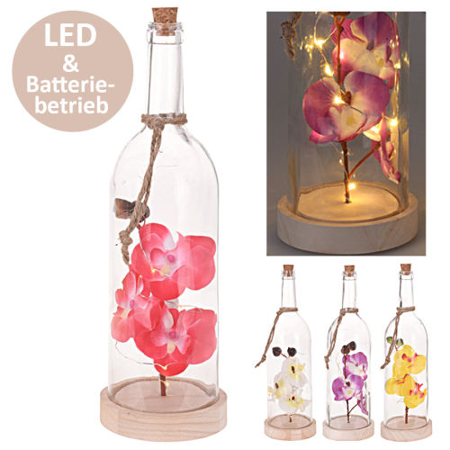 Kunstblume Orchidee in Glasflasche mit 10 LED