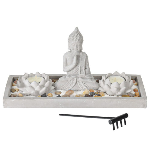Buddha Figur Zen Garten Set mit Kerzen