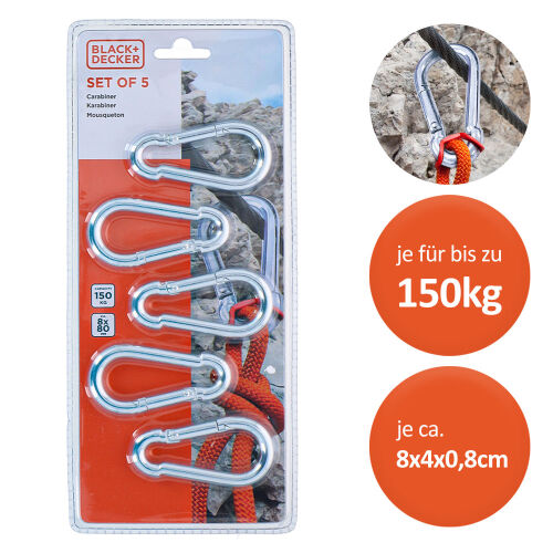 5er Set Metall Karabiner je für bis zu 150kg - Black+Decker