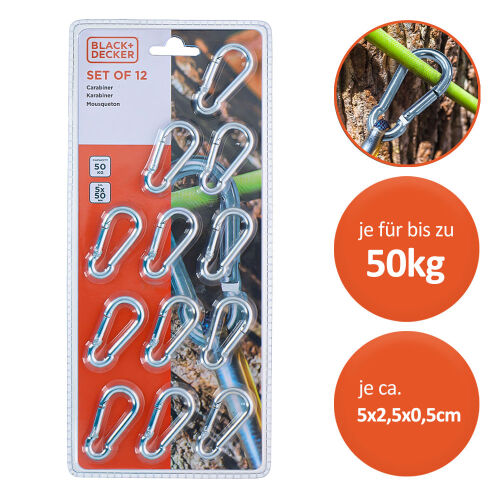 12er Set Metall Karabiner je für bis zu 50kg - Black+Decker